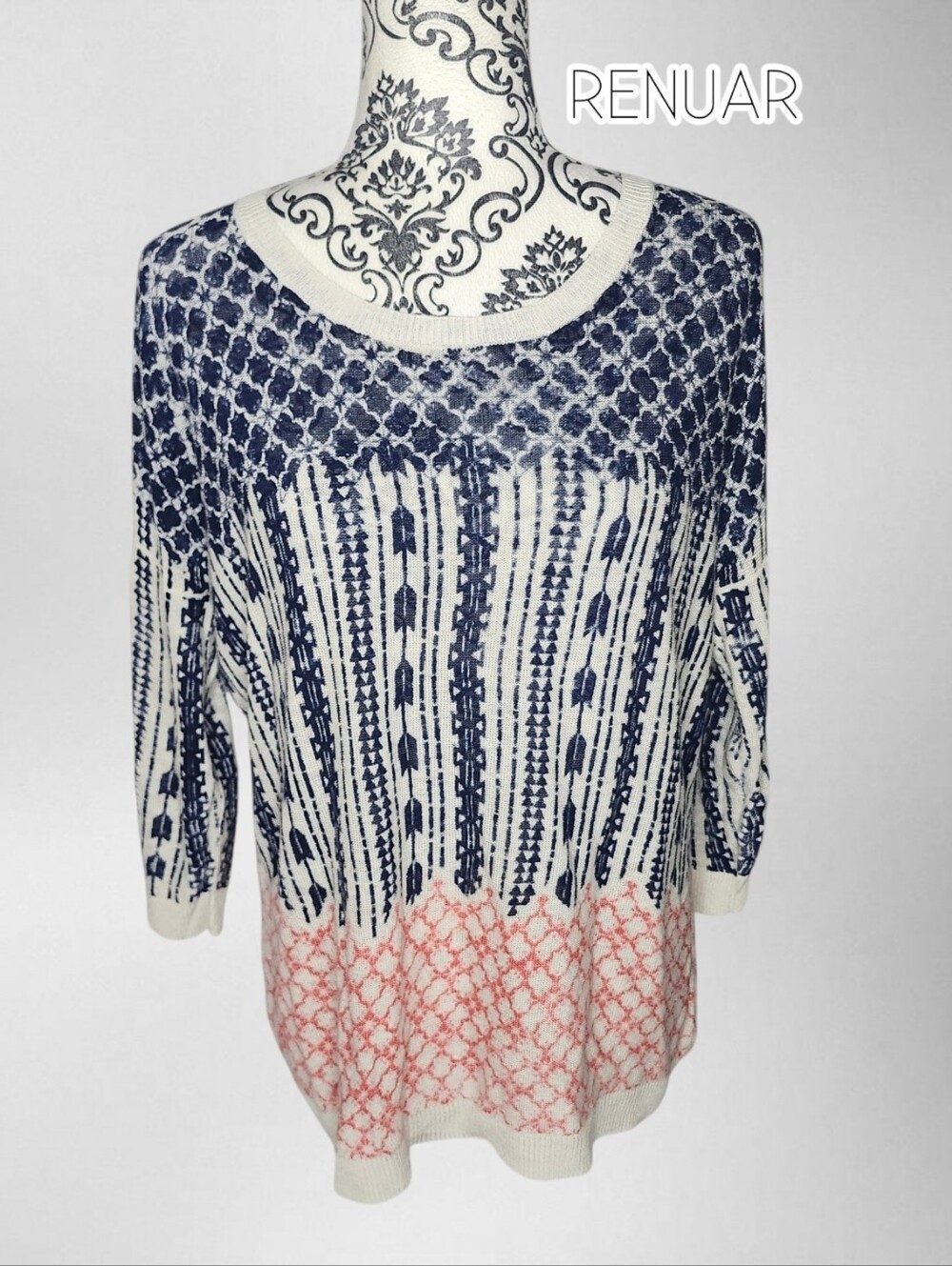 RENAUR Navy & Coral Patterned Lightweight Knit Pullover - Medium